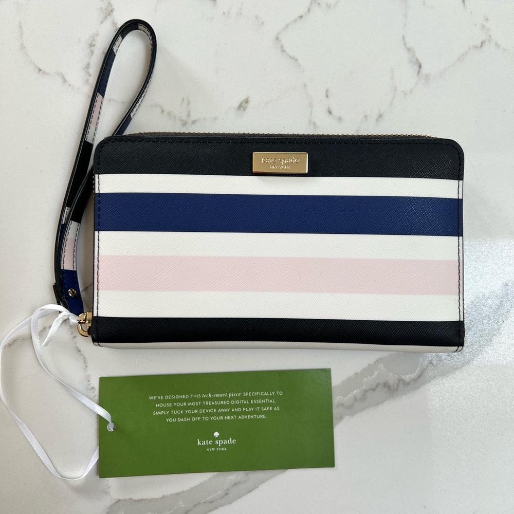 Kate Spade Black, Blue, and Pink Striped Wristlet